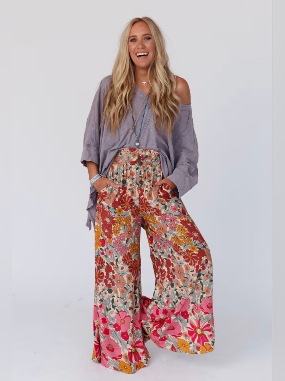 Pink Floral Print Hippie Bohemian Wide Leg Elastic Waist Pull On Pants size M